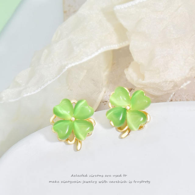 Elegant green color opal stone rotatable clover stainless steel chain necklace set