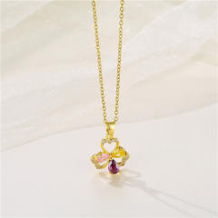 18KG color cubic zircon clover pendant stainless steel chain necklace