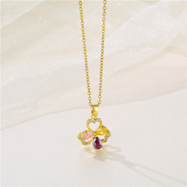 18KG color cubic zircon clover pendant stainless steel chain necklace