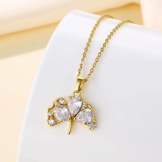 Dainty diamond ginkgo leaf pendant stainless steel chain necklace