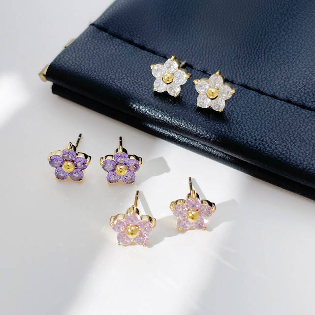 Dainty cubic zircon tiny flower stainless steel studs earrings