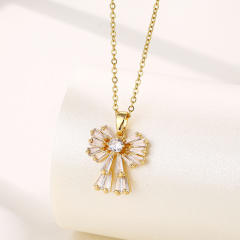 18KG dainty diamond bow pendant stainless steel chain necklace
