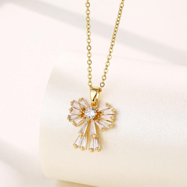 18KG dainty diamond bow pendant stainless steel chain necklace