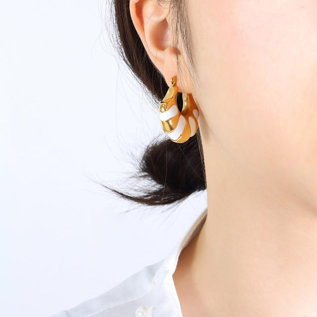 Chunky white black enamel stainless steel hoop earrings