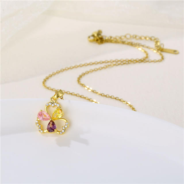18KG color cubic zircon clover pendant stainless steel chain necklace