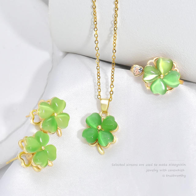 Elegant green color opal stone rotatable clover stainless steel chain necklace set