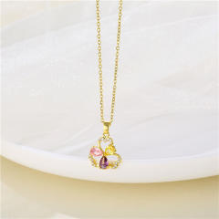 18KG color cubic zircon clover pendant stainless steel chain necklace