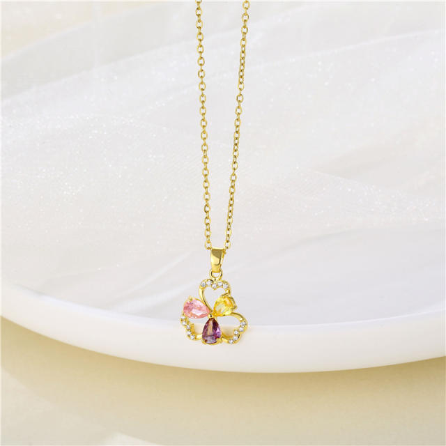 18KG color cubic zircon clover pendant stainless steel chain necklace
