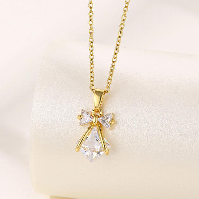 Dainty diamond bow stainless steel chain necklace