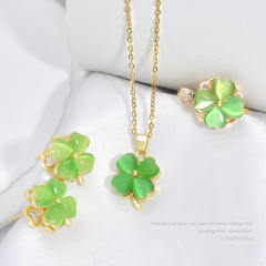 Elegant green color opal stone rotatable clover stainless steel chain necklace set
