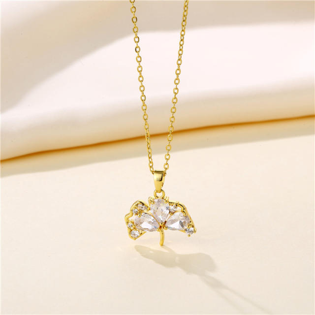 Dainty diamond ginkgo leaf pendant stainless steel chain necklace