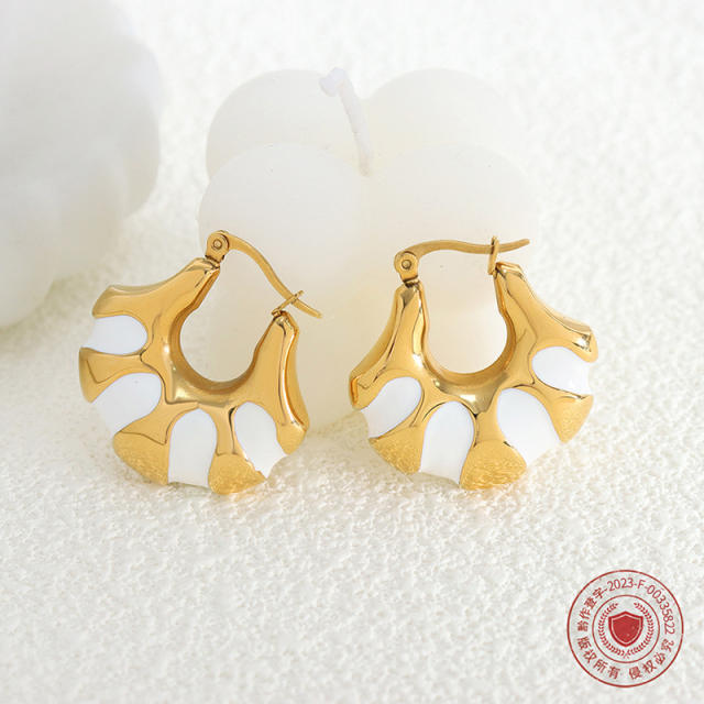 Chunky white black enamel stainless steel hoop earrings