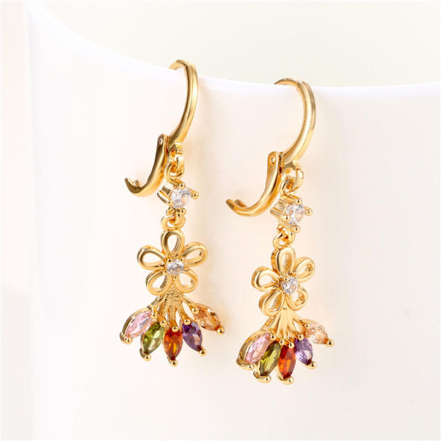 Personality color cubic zircon flower dangle copper huggie earrings