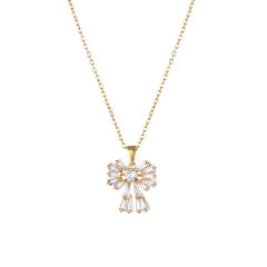 18KG dainty diamond bow pendant stainless steel chain necklace