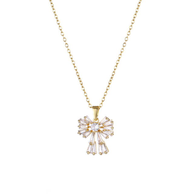18KG dainty diamond bow pendant stainless steel chain necklace