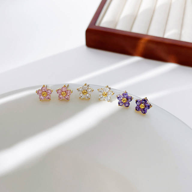 Dainty cubic zircon tiny flower stainless steel studs earrings