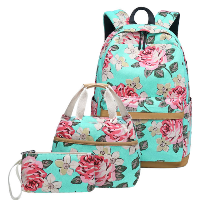 Korean fashion floral canvas backpack school bag 3pcs set