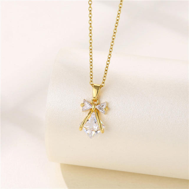 Dainty diamond bow stainless steel chain necklace