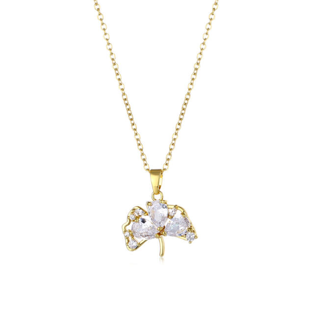 Dainty diamond ginkgo leaf pendant stainless steel chain necklace