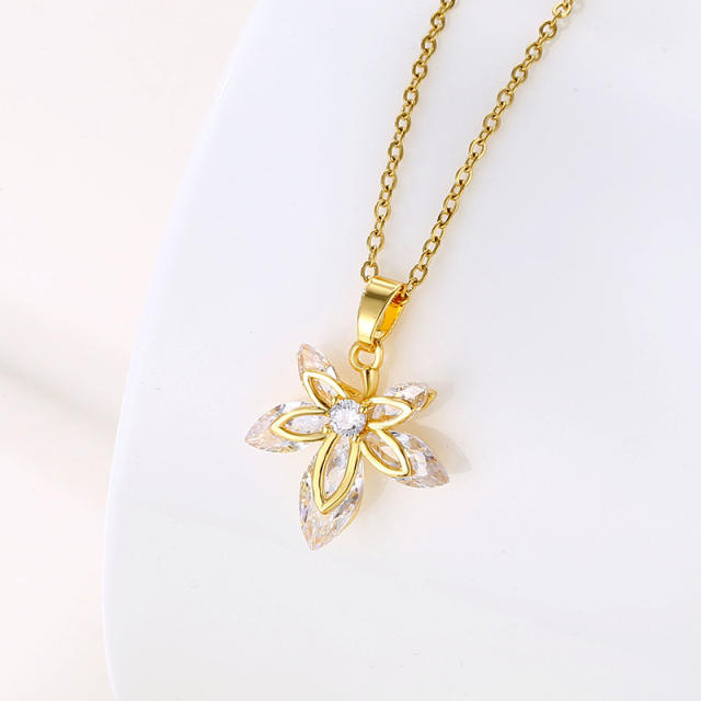 Dainty diamond leaf pendant stainless steel chain necklace