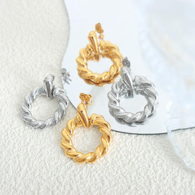 Vintage concise twisted circle stainless steel earrings