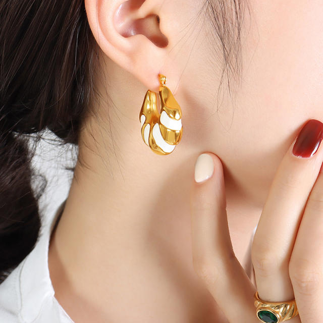 Chunky white black enamel stainless steel hoop earrings