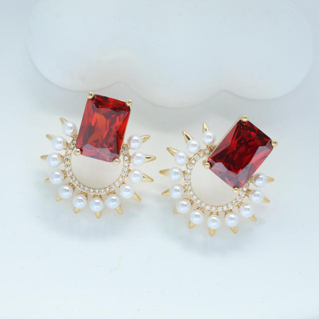 925 needle delicate green color cubic zircon pearl bead copper studs earrings