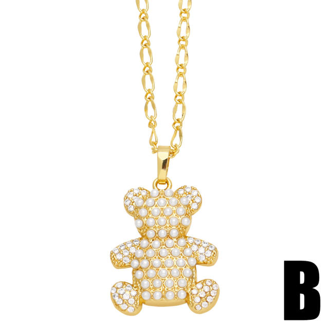 Delicate hiphop diamond heart bear pendant copper necklace