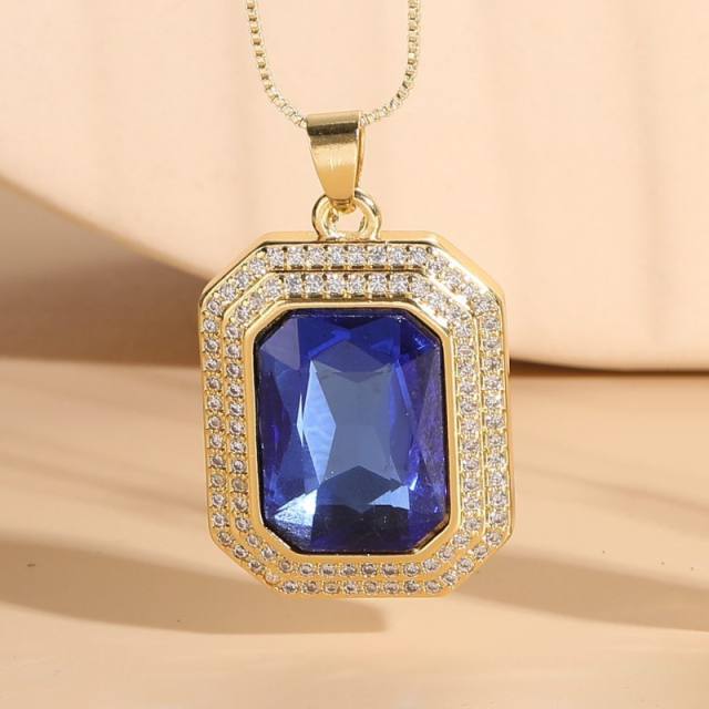 Chic color glass crystal geometric square pendant copper necklace