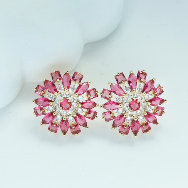 Delicate color cubic zircon bloom flower copper studs earrings