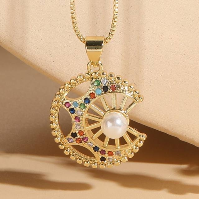 Chic pearl rainbow cz snowflake star moon pendant copper necklace