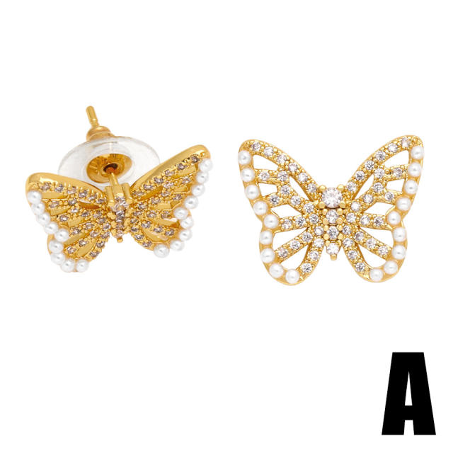 Sweet hollow butterfly cubic zircon pearl copper studs earrings