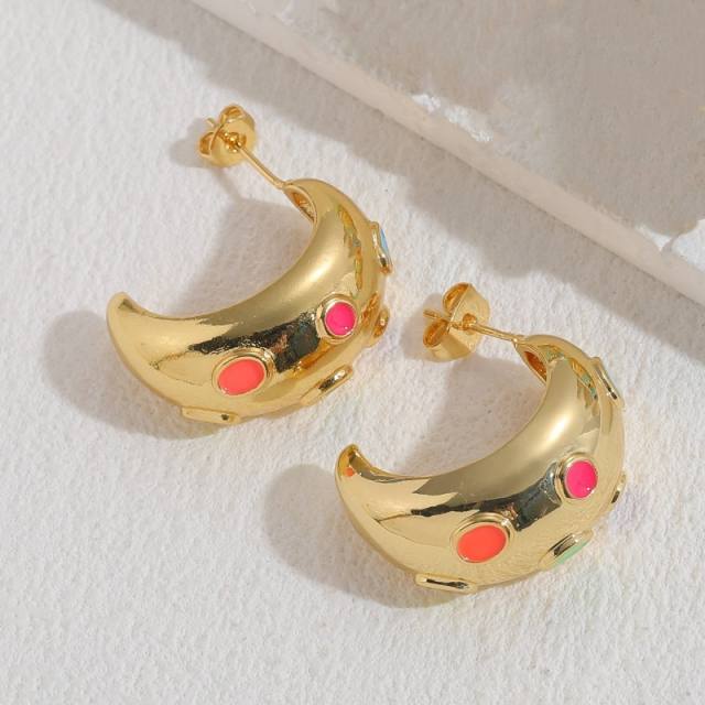 Boho Y2K rainbow enamel gold plated copper earrings huggie earrings