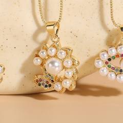 14KG rainbow cz pearl bead evil eye life tree pendant copper necklace