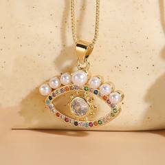 14KG rainbow cz pearl bead evil eye life tree pendant copper necklace