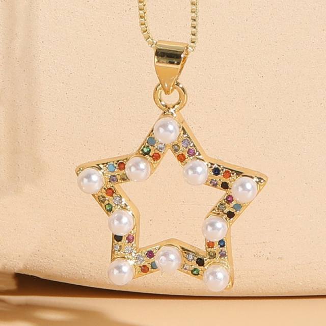 Chic pearl rainbow cz snowflake star moon pendant copper necklace