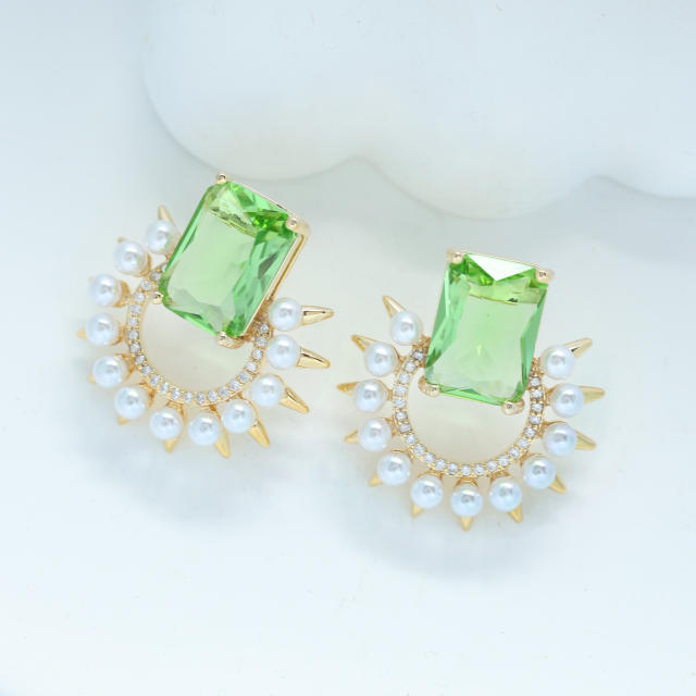 925 needle delicate green color cubic zircon pearl bead copper studs earrings