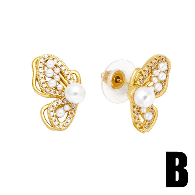 Sweet hollow butterfly cubic zircon pearl copper studs earrings