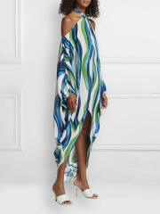 Summer color striped halter neck long sleeve dress