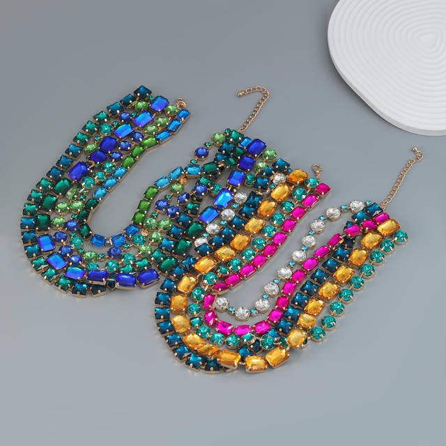 Chunky color glass crystal statement layer necklace