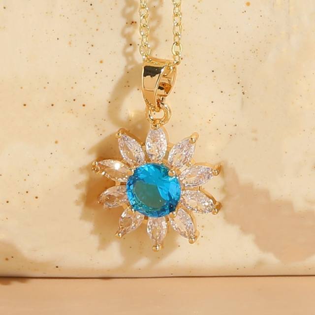 Dainty colorful cubic zircon sunflower daisy pendant copper necklace