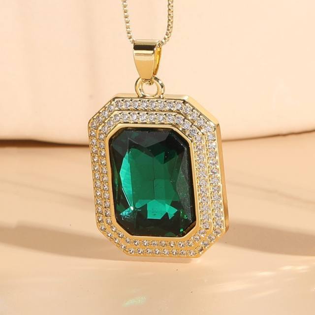 Chic color glass crystal geometric square pendant copper necklace
