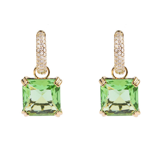 Delicate green color square cubic zircon diamond copper huggie earrings