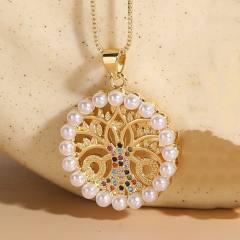 14KG rainbow cz pearl bead evil eye life tree pendant copper necklace