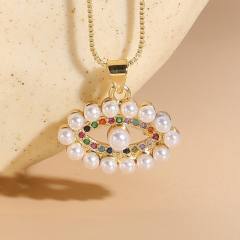 14KG rainbow cz pearl bead evil eye life tree pendant copper necklace