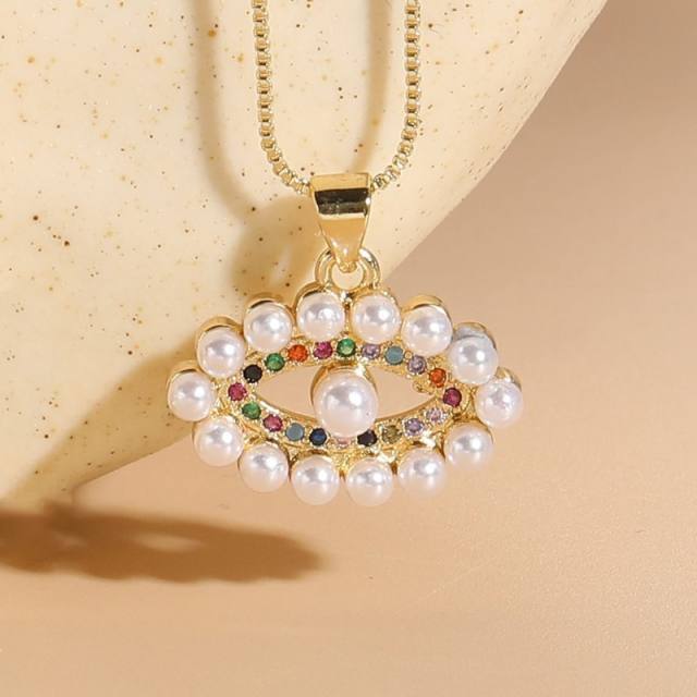 14KG rainbow cz pearl bead evil eye life tree pendant copper necklace