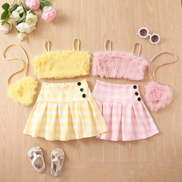 Summer girls fluffy camisole tops plaid skirt set with bag