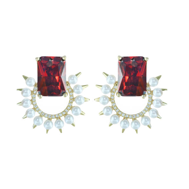 925 needle delicate green color cubic zircon pearl bead copper studs earrings