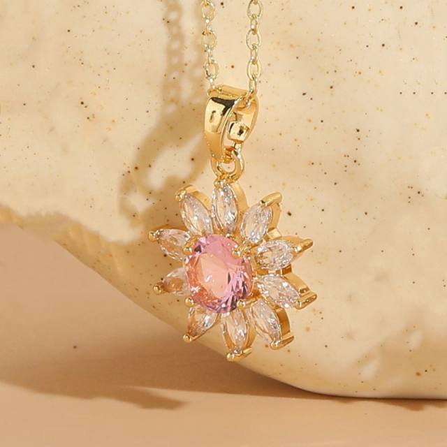 Dainty colorful cubic zircon sunflower daisy pendant copper necklace