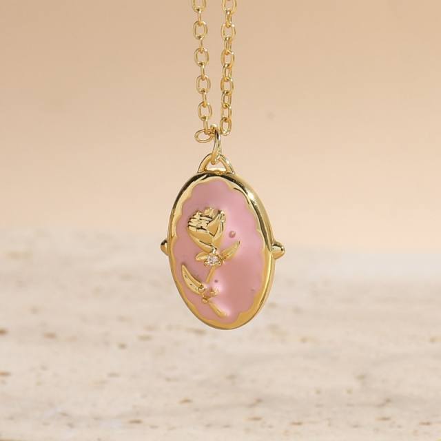 Y2K pink enamel cubic zircon copper dainty necklace